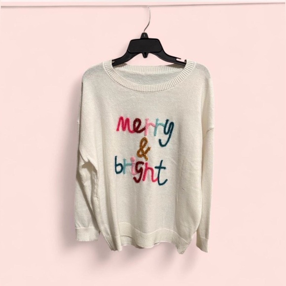 Sweaters - Festive White Sweater with Colorful Design— “Merry & Bright”